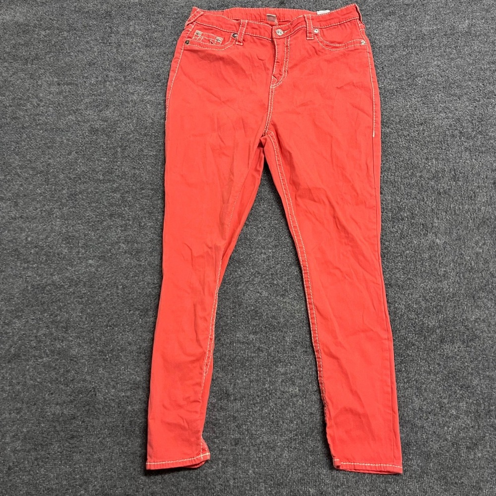 True Religion Jeans Womens Size 38 Orange Red Curvy Skinny Contrast Stitch Denim